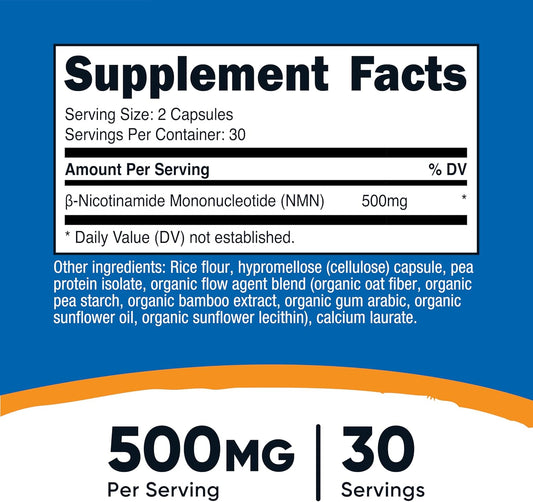 NMN (Nicotinamide Mononucleotide) 500Mg, 60 Capsules - Vegetarian Friendly, 30 Servings, Gluten Free, GMO Free